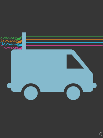 Illustration of how stingrays work, with tower, truck, four people holding cell phones