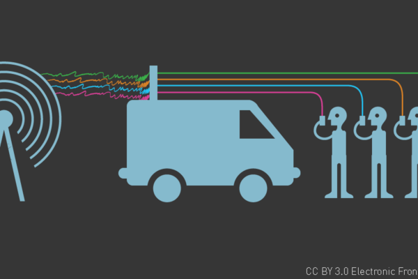 Illustration of how stingrays work, with tower, truck, four people holding cell phones