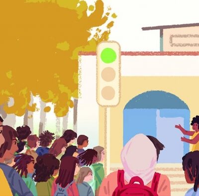 Illustration of people on a school campus all facing a speaker in an outdoor area.