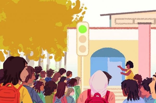 Illustration of people on a school campus all facing a speaker in an outdoor area.