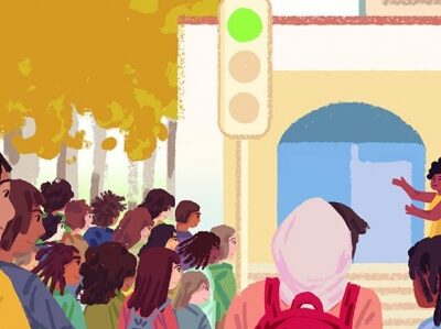 Illustration of people on a school campus all facing a speaker in an outdoor area.