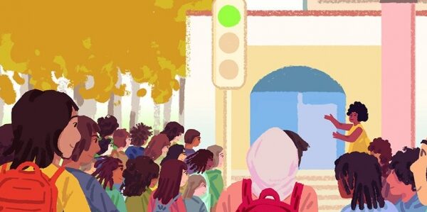Illustration of people on a school campus all facing a speaker in an outdoor area.