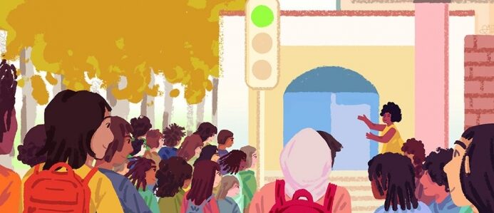 Illustration of people on a school campus all facing a speaker in an outdoor area.