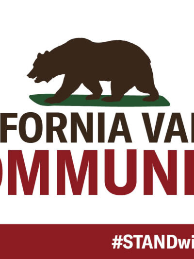 California flag with red star in upper left, brown bear in the middle, with text that reads: California values community, #STANDwithCAValues