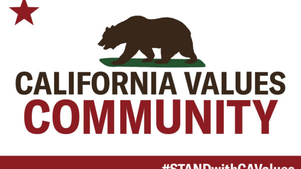 California flag with red star in upper left, brown bear in the middle, with text that reads: California values community, #STANDwithCAValues