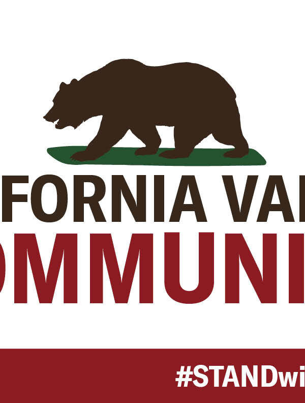 California flag with red star in upper left, brown bear in the middle, with text that reads: California values community, #STANDwithCAValues