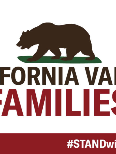 California flag with red star in upper left, brown bear in the middle, with text that reads: California values families, #STANDwithCAValues