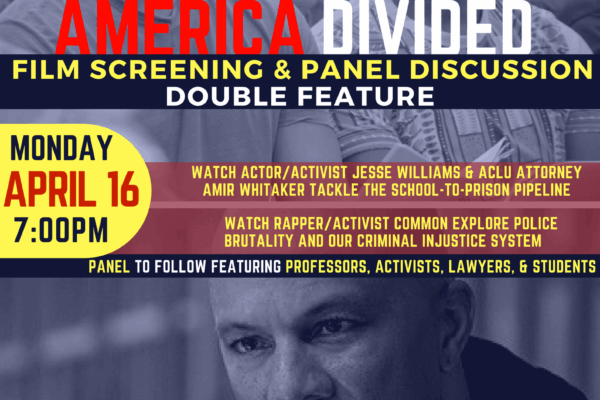 Top half of photo: Jesse Williams sitting next to Amir Whitaker. Bottom half of photo: close up portrait of Common. Text: America Divided - Film screening & panel discussion, double feature Monday, April 16, 7 p.m.