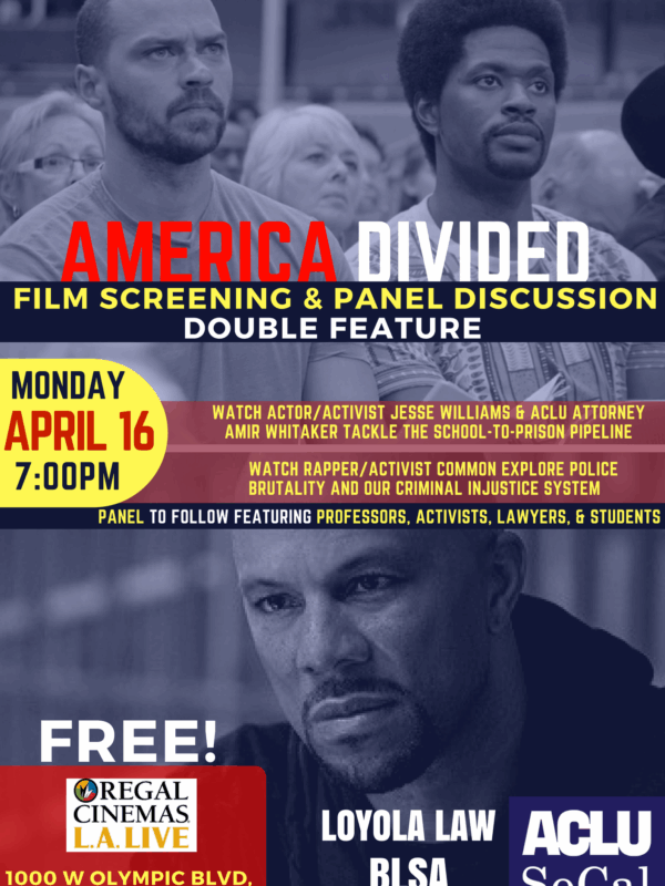 Top half of photo: Jesse Williams sitting next to Amir Whitaker. Bottom half of photo: close up portrait of Common. Text: America Divided - Film screening & panel discussion, double feature Monday, April 16, 7 p.m.
