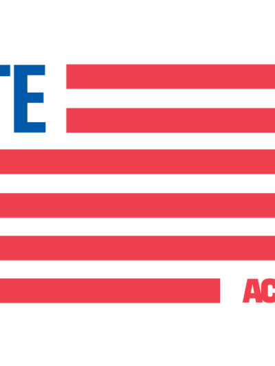 American flag with red and white strips, the word VOTE in blue in place of stars. Text that reads ACLU Voter in the lower right corner.