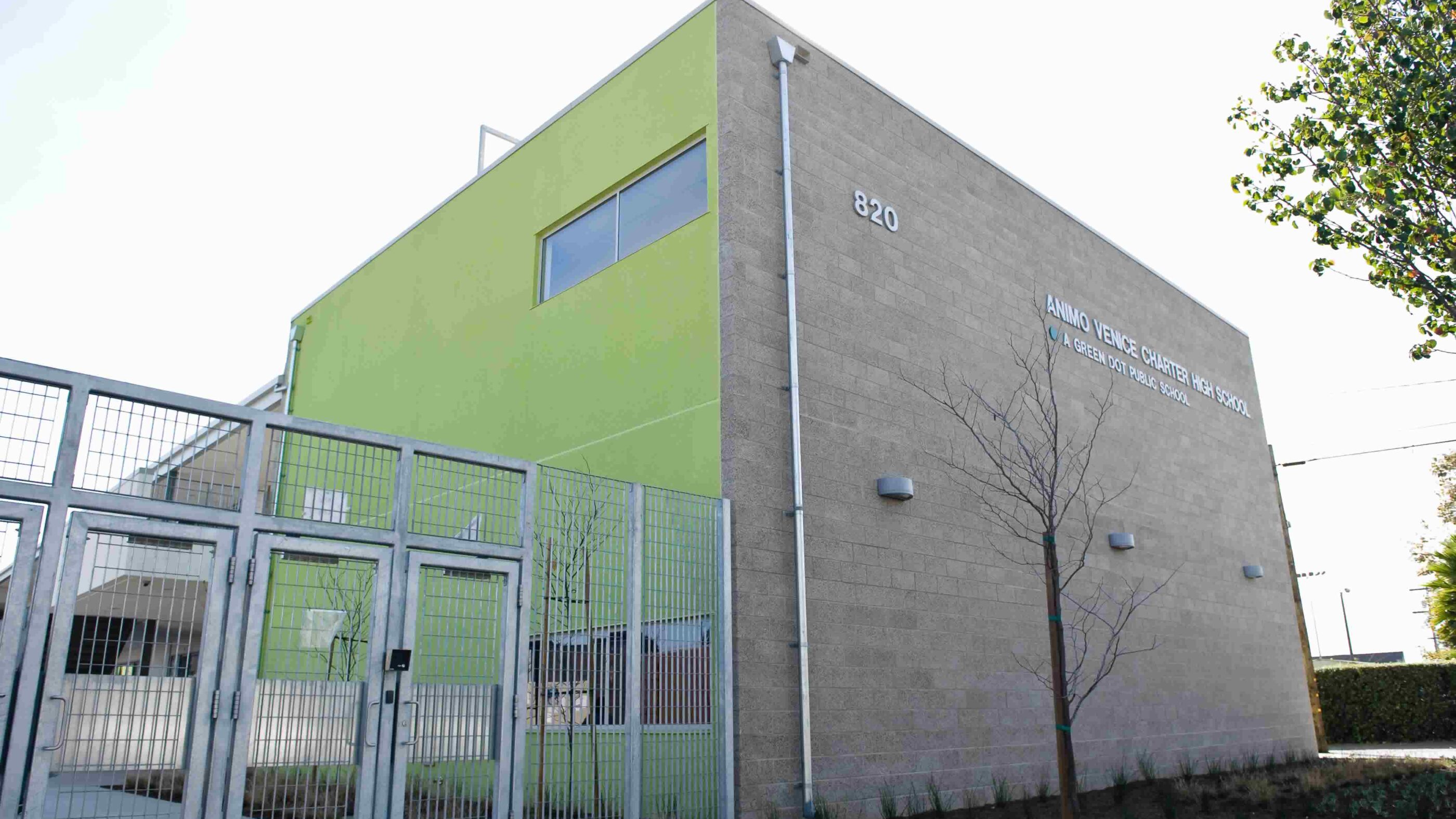 The front of the Animo Venice Charter School building and school gates