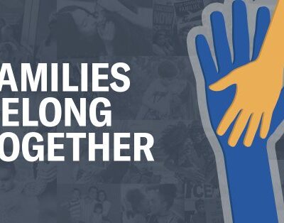 Families Belong Together. Illustration of a larger hand and a smaller hand touching.