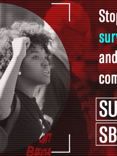 Stop secret surveillance and protect our communities. Support SB 1186. Photo of two women at a rally, one woman with a fist raised.