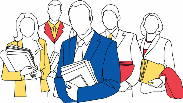 Sketch of two women and three men, standing together holding file folders.