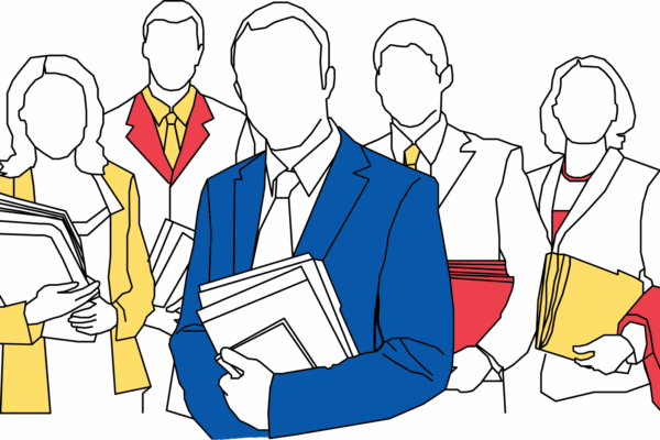 Sketch of two women and three men, standing together holding file folders.