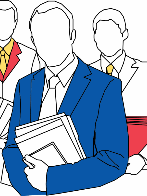 Sketch of two women and three men, standing together holding file folders.