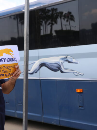 A man on the sidewalk holding a sign that reads "Greyhound, stop throwing our rights under the bus" as a Greyhound bus passes by.