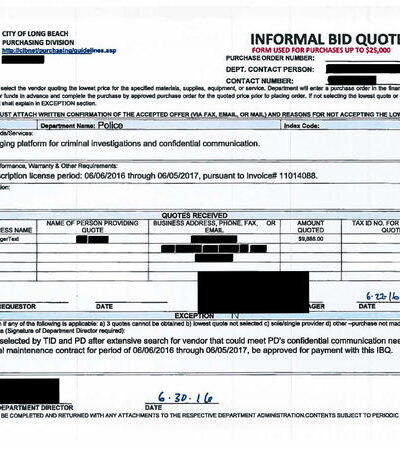 City of Long Beach public record with information blacked out