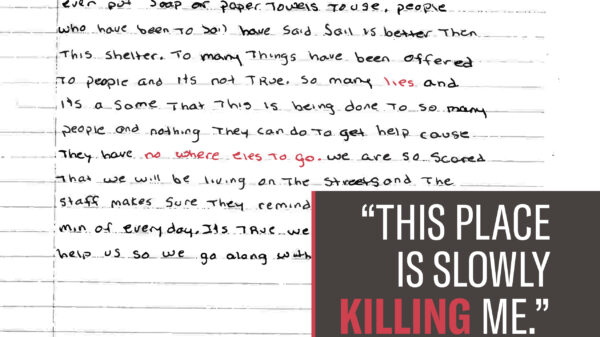 A handwritten page of somebody's journal, with title text that reads: "This Place is Slowly Killing Me: Abuse and Neglect in Orange County Emergency Shelters"