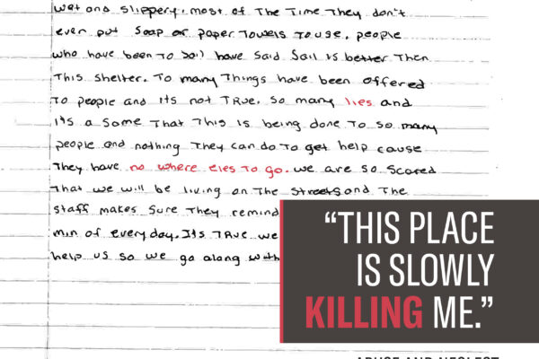 A handwritten page of somebody's journal, with title text that reads: "This Place is Slowly Killing Me: Abuse and Neglect in Orange County Emergency Shelters"