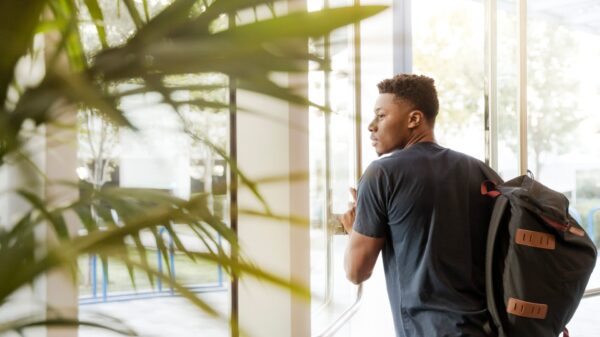In the background, a young man with a backpack opening and walking through a glass door. In the foreground, the leaves of a palm tree.