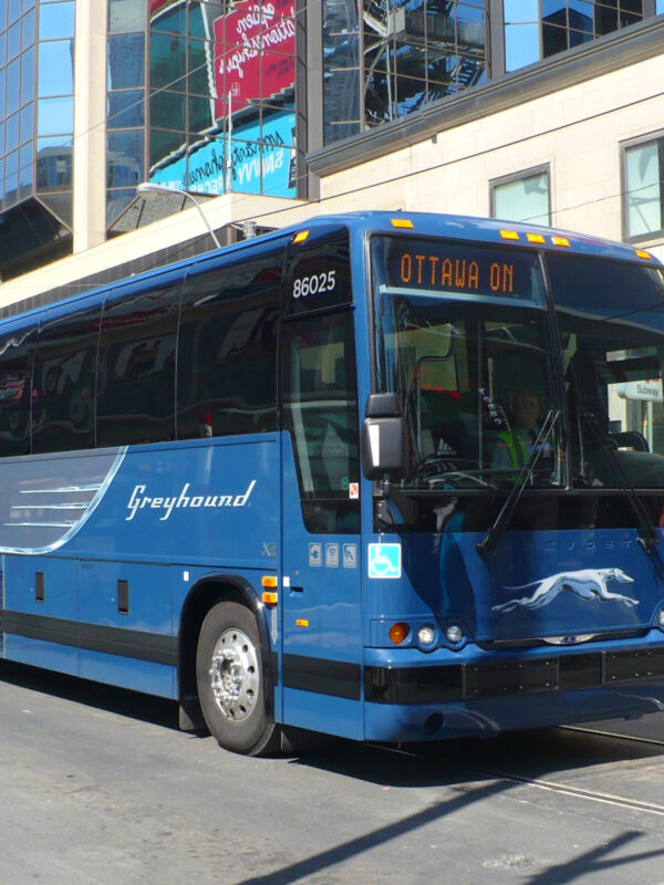 Greyhound bus on a city street
