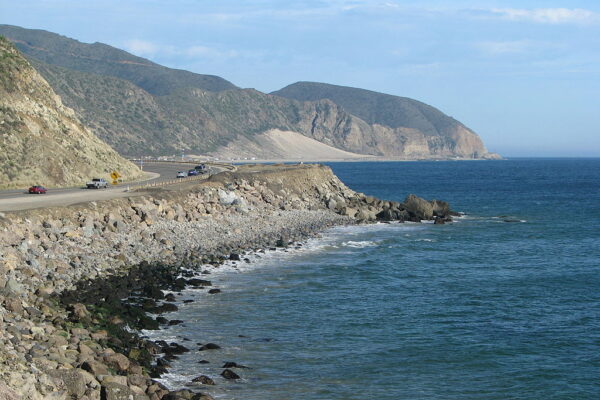 California State Route 1—Pacific Coast Highway — view towards Point Mugu State Park near Point Mugu, at the Santa Monica Mountains coast.