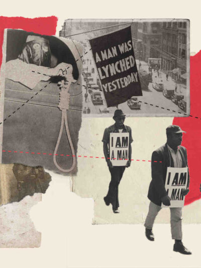 Illustration of a Black man who is a slave, a man in KKK dress holding a rope for lynching, a banner that reads: "A man was lynched yesterday", a Black man with a sign that reads: "I am a man," and a man holding a flag that reads: "Black Lives Matter"