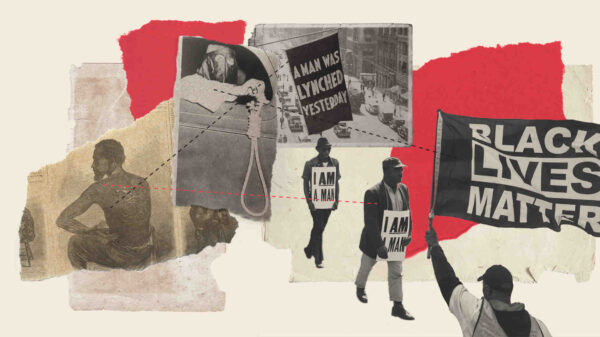 Illustration of a Black man who is a slave, a man in KKK dress holding a rope for lynching, a banner that reads: "A man was lynched yesterday", a Black man with a sign that reads: "I am a man," and a man holding a flag that reads: "Black Lives Matter"