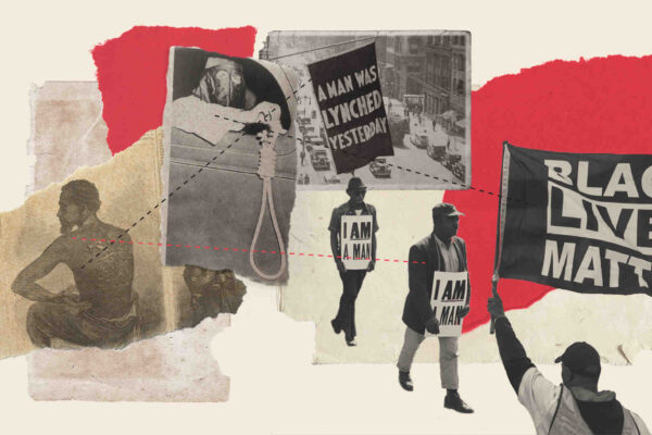 Illustration of a Black man who is a slave, a man in KKK dress holding a rope for lynching, a banner that reads: "A man was lynched yesterday", a Black man with a sign that reads: "I am a man," and a man holding a flag that reads: "Black Lives Matter"
