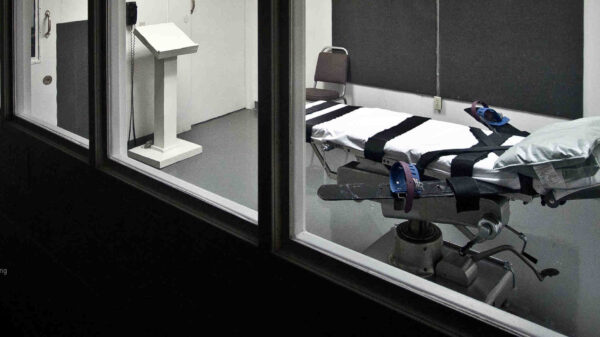 An execution chamber with a lethal injection table with straps