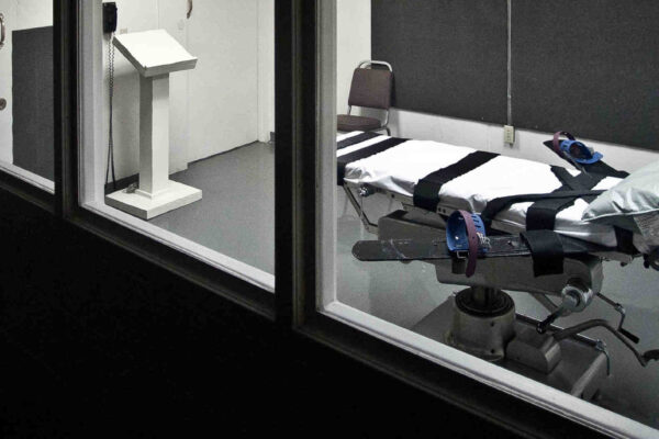 An execution chamber with a lethal injection table with straps