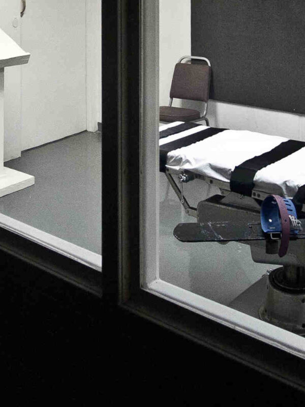 An execution chamber with a lethal injection table with straps
