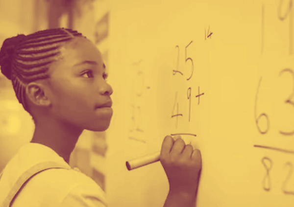 A young Black girl holding a marker, doing arithmetic at a white board