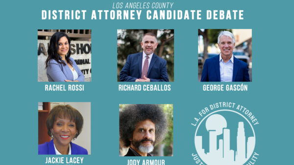 L.A. Coalition for DA Justice and Accountability presents Los Angeles District Attorney Candidate Debate. Photos of Rachel Rossi, Richard Ceballos, George Gascón, Jackie Lacey, and Jody Armour.