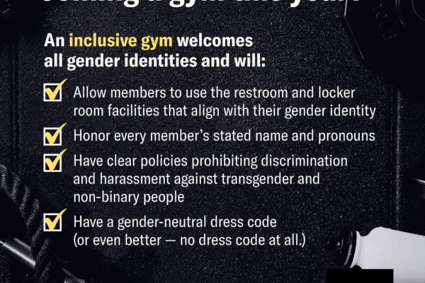 Joining a gym this year? An inclusive gym welcomes all gender identities and will:  Allow members to use the restroom and locker room facilities that align with their gender identity  Honor every member's stated name and pronouns  Has clear policies