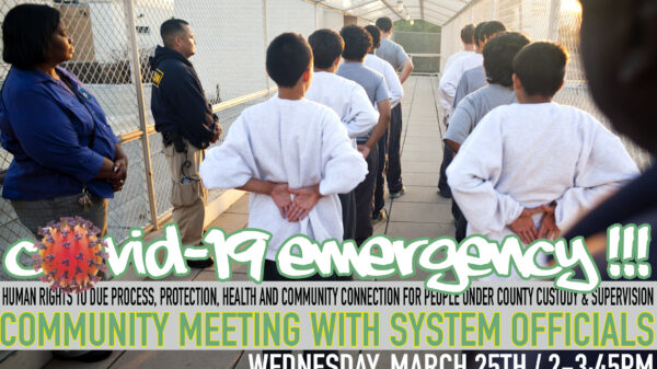 Image of young men in a juvenile hall courtyard, lined with their hands behind their backs. Text: Covid-19 emergency