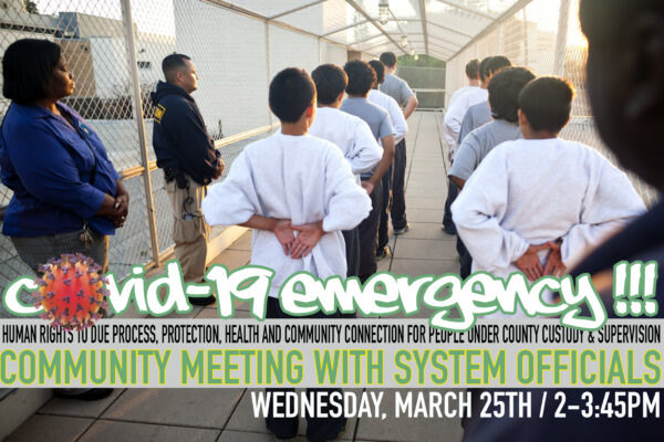 Image of young men in a juvenile hall courtyard, lined with their hands behind their backs. Text: Covid-19 emergency
