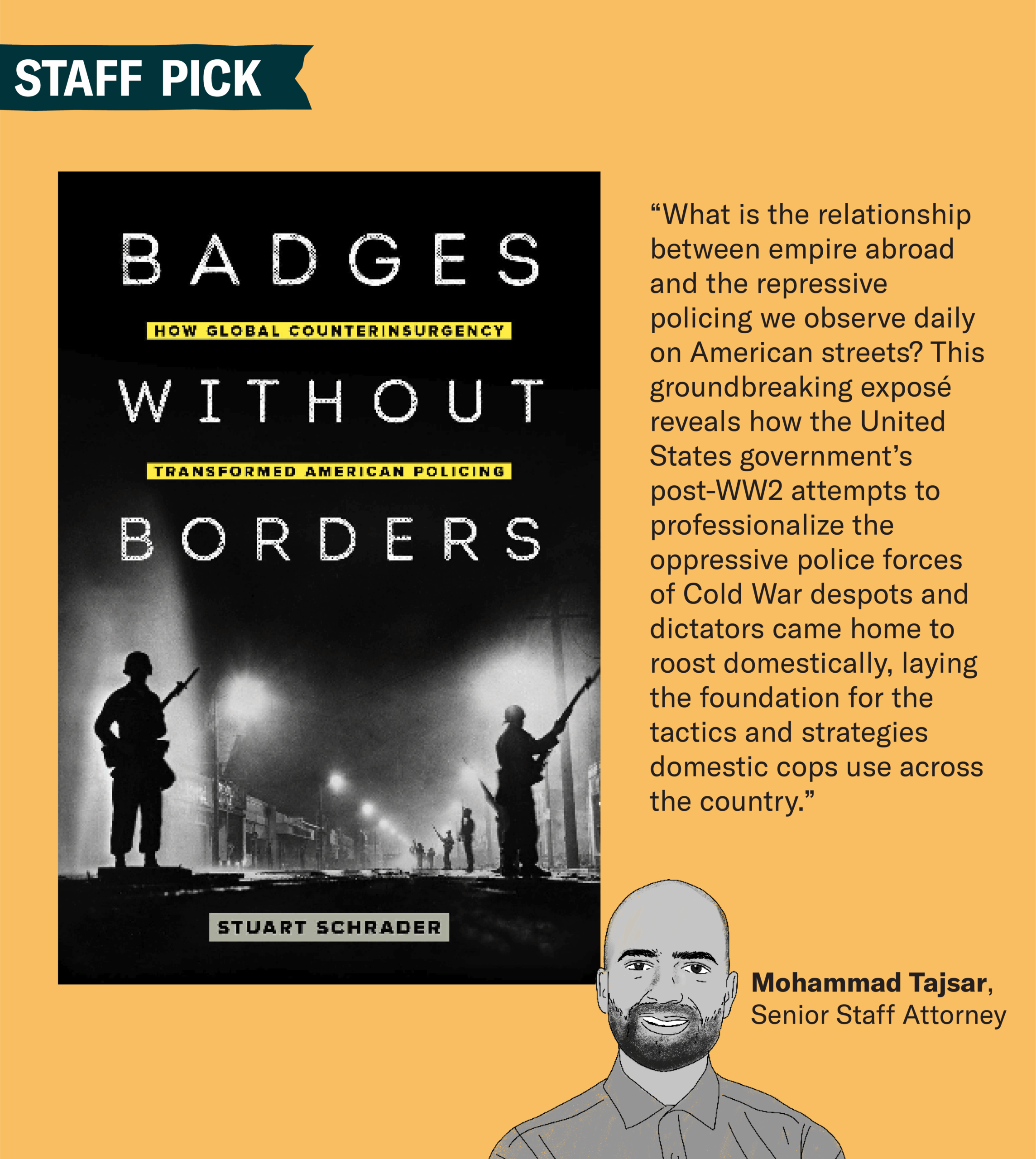 Staff pick graphic with an illustration of staff attorney Mohammad Tajsar