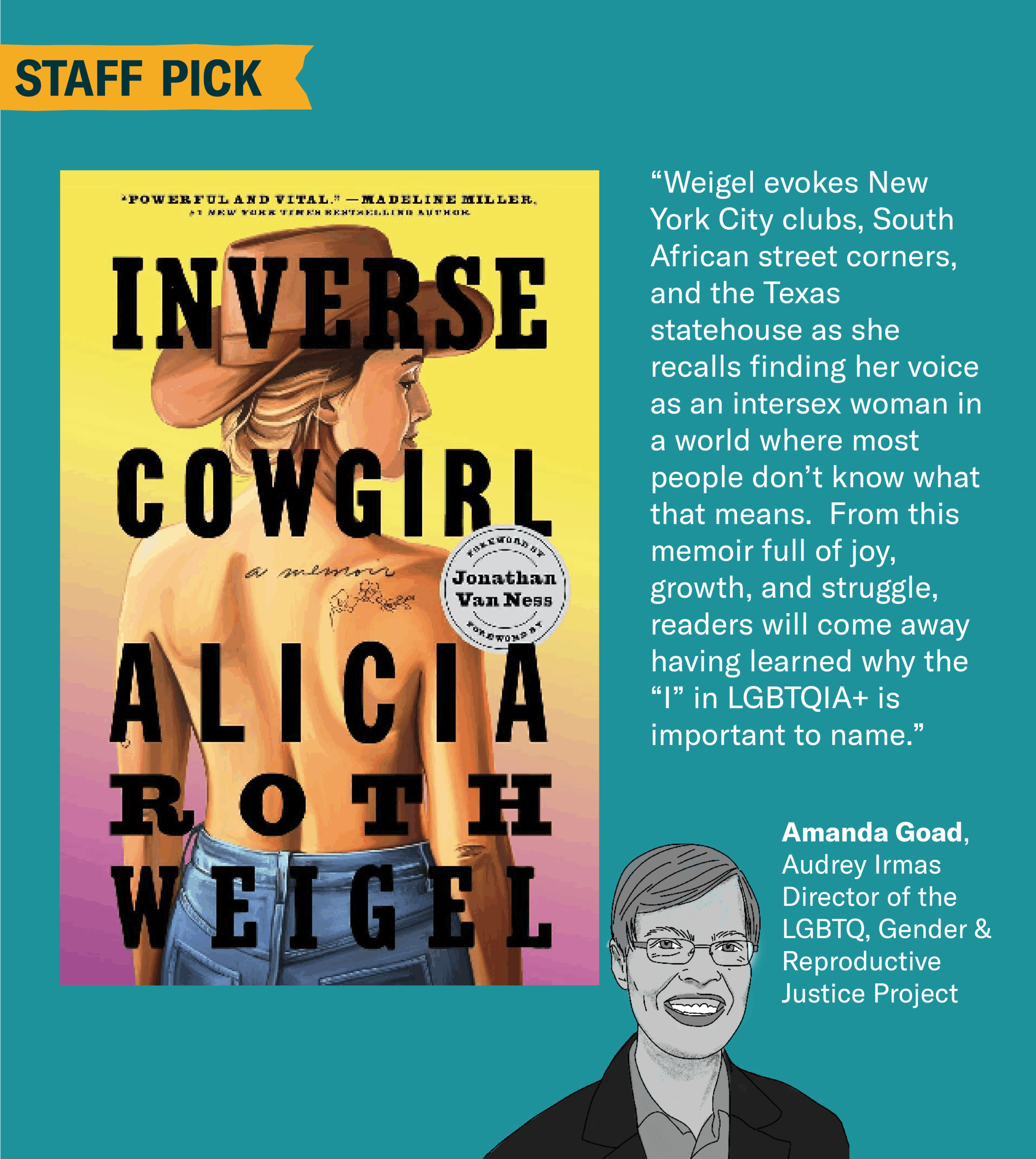 Cover of Inverse Cowgirl and an illustration of Amanda Goad