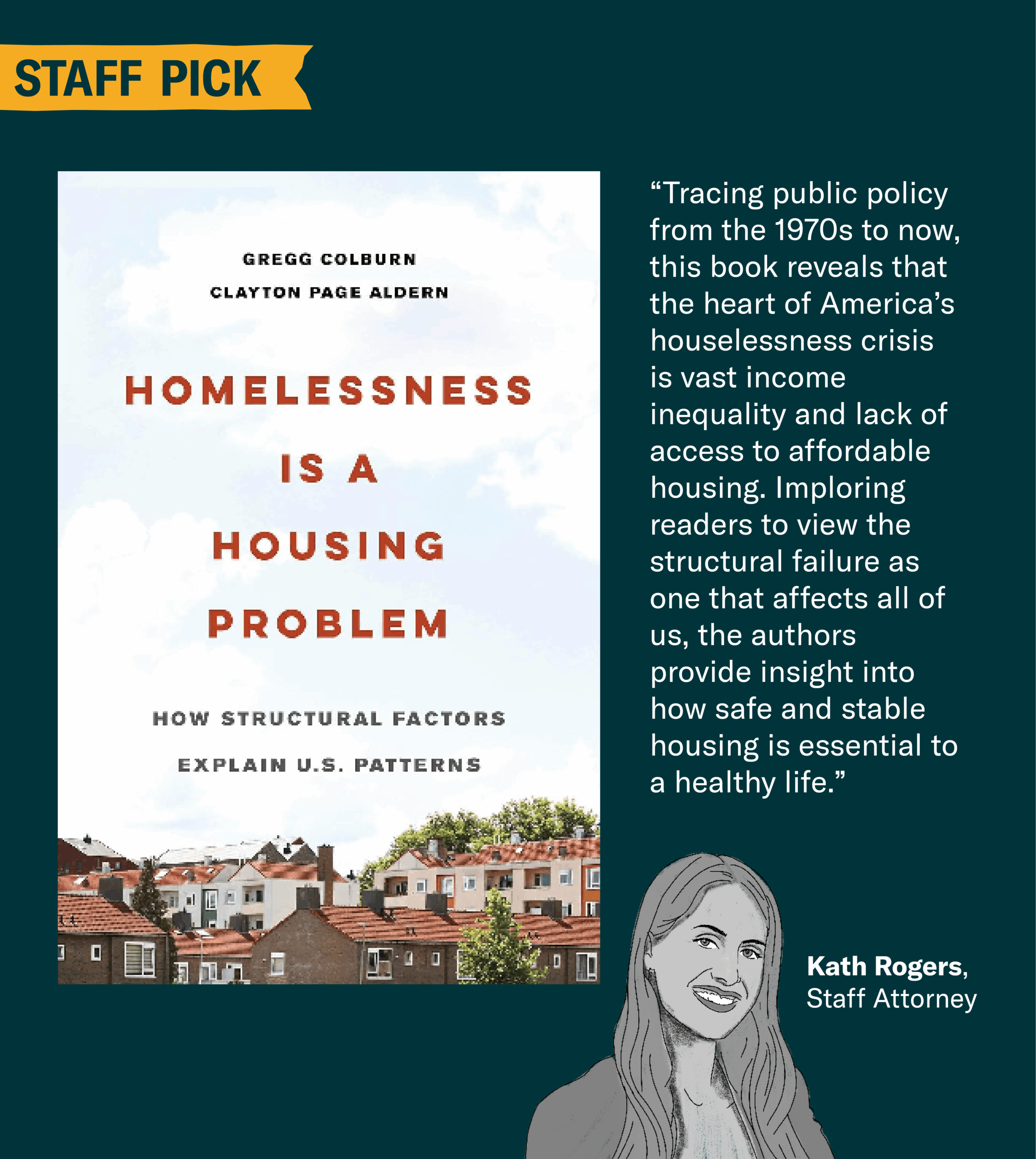 Staff pick graphic with an illustration of staff Attorney Kath Rogers