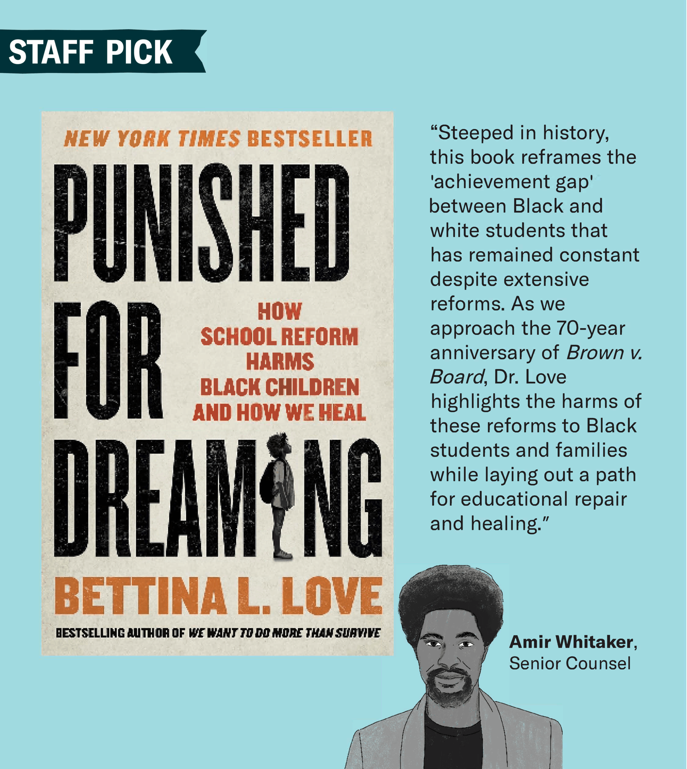 Cover of Punished for Dreaming and an illustration of Amir Whitaker