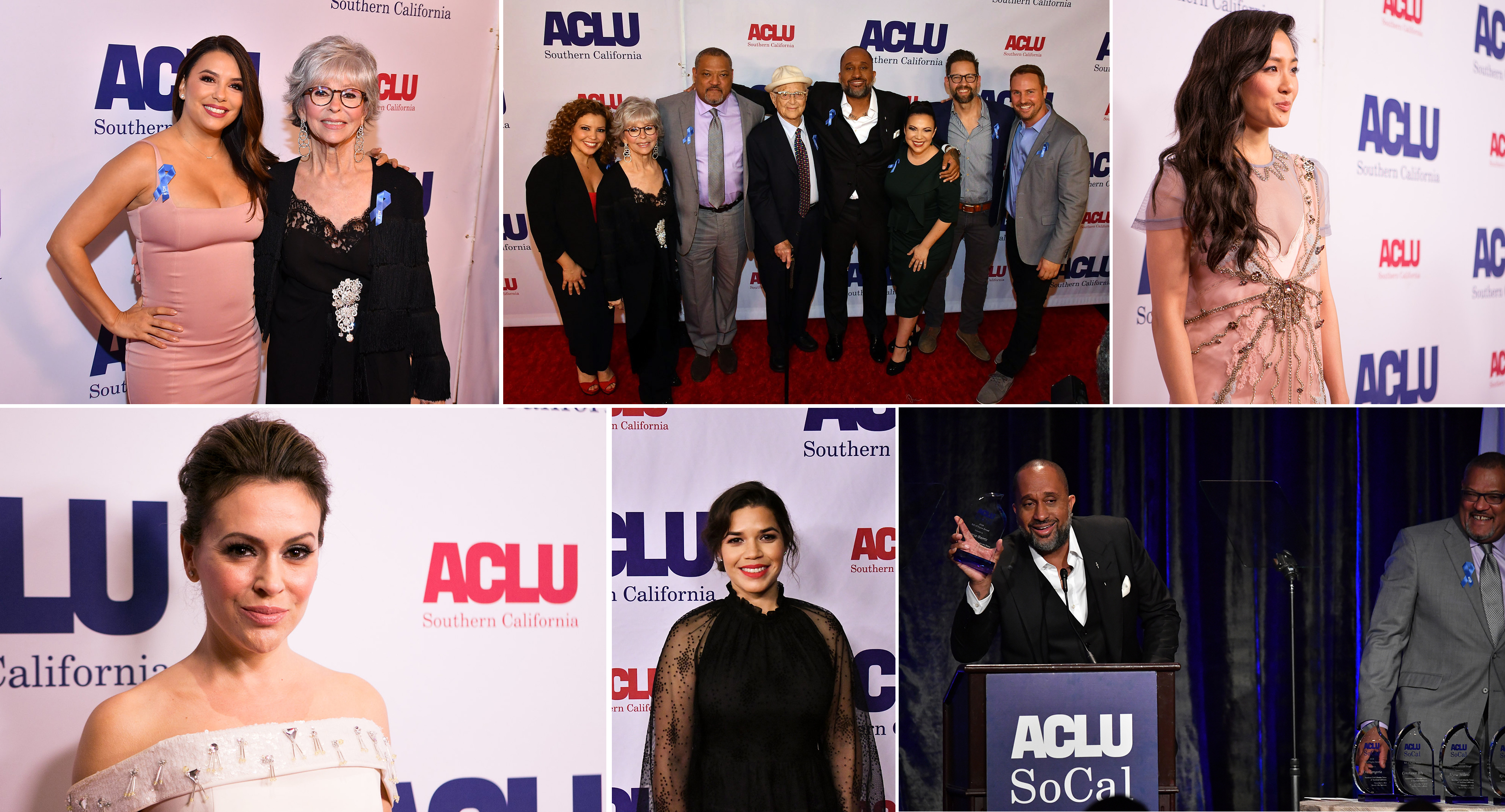 collage of photos from the 2018 Bill of Rights Dinner of honorees, presenters, and other guests posing on the red carpet and speaking on stage