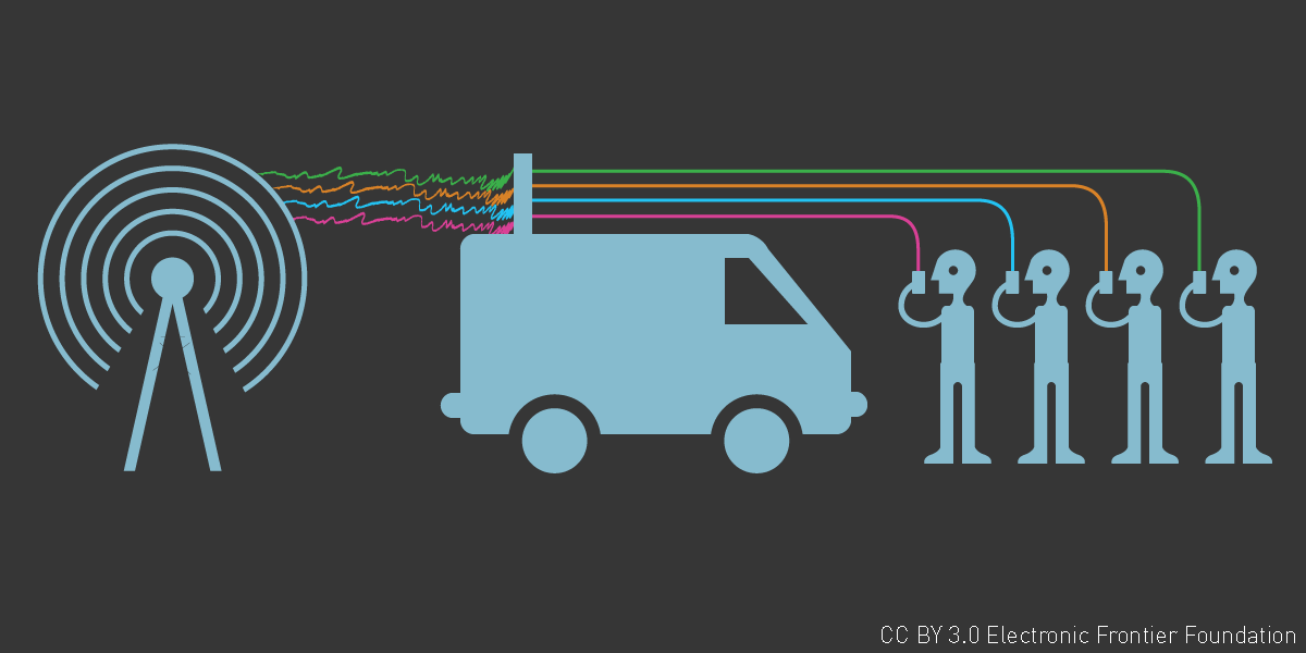 Stingrays - illustrated guide by Electronic Frontier Foundation Illustration of how stingrays work, with tower, truck, four people holding cell phones