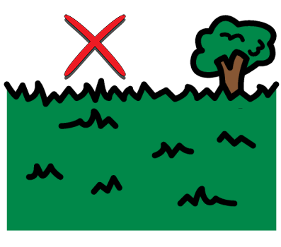 An illustration of a park with grass in the foreground and a tree in the background. A red X is drawn on top of the image.