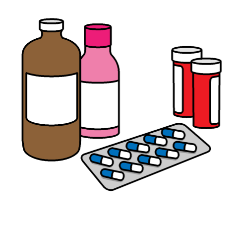 Four bottles of medication and a packet of pills