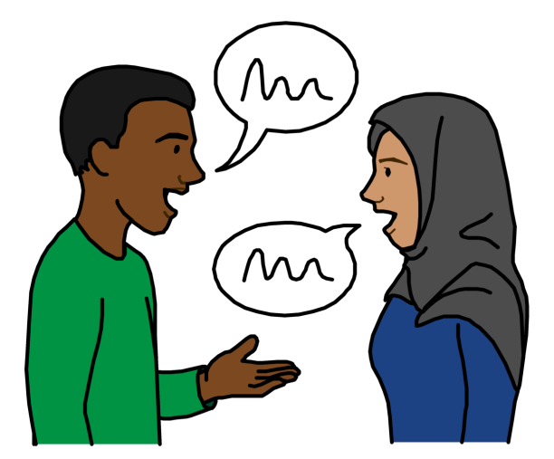 A man and woman talking