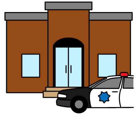 A police station with a police car in front of the building