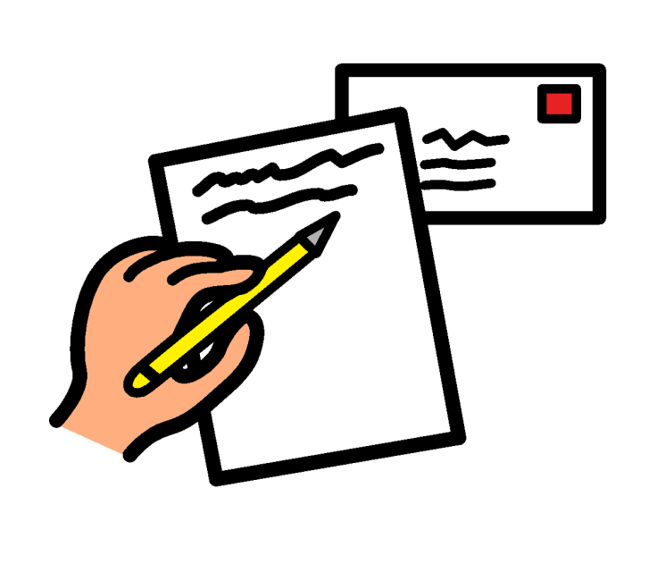 A hand holding a pencil writing on a sheet of paper. A letter envelope with a stamp is behind the paper.