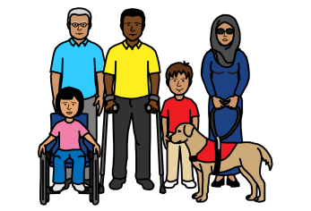 Illustration of a group of people with disabilities: A young girl in a wheelchair, an older man with white hair, a man using forearm crutches, a young boy, and a woman wearing hijab and dark sunglasses with a guide dog.